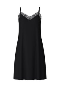 Abito nero senza maniche con scollatura a V, caratterizzato da un delicato bordo in pizzo nero lungo il margine superiore e spalline regolabili. Tessuto morbido.