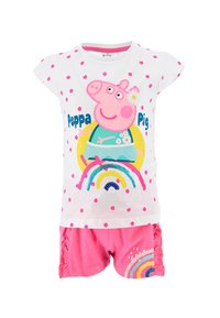 Zwei-teiliges Set aus Baumwolle mit einem weißen Shirt mit rosa Punkten und einem Peppa Pig-Motiv, kombiniert mit rosa Shorts, die mit Regenbogenmotiven verziert sind.
