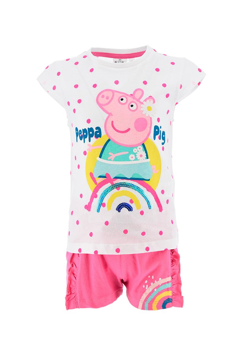 Zwei-teiliges Set aus Baumwolle mit einem weißen Shirt mit rosa Punkten und einem Peppa Pig-Motiv, kombiniert mit rosa Shorts, die mit Regenbogenmotiven verziert sind.