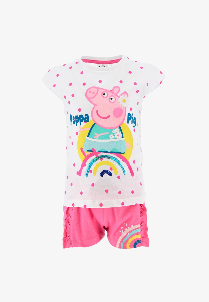 Zwei-teiliges Set aus Baumwolle mit einem weißen Shirt mit rosa Punkten und einem Peppa Pig-Motiv, kombiniert mit rosa Shorts, die mit Regenbogenmotiven verziert sind.