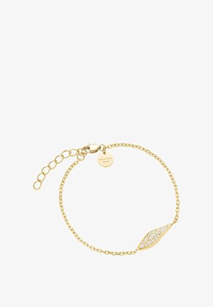 Goldkettchenarmband mit einem länglichen, blattförmigen Element, das mit klaren Kristallen verziert ist. Mit Verschluss und verstellbarer Länge.