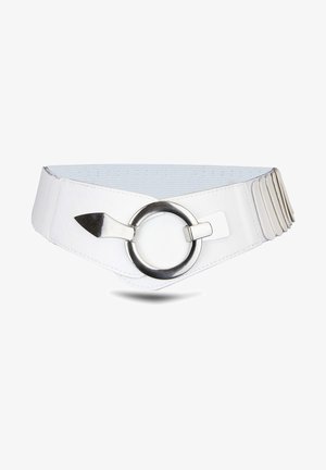 Szeroki biały elastyczny pasek z dużą srebrną okrągłą klamrą i wieloma srebrnymi prostokątnymi detalami na jednym końcu.