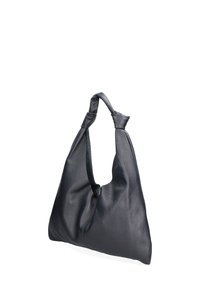 Sac à main hobo en cuir noir avec un design décontracté, des poignées nouées, une texture douce et une ouverture supérieure pour un accès facile.