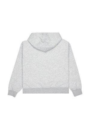 Grey cropped hoodie with a soft texture, featuring a large hood and ribbed cuffs. The back is plain without any patterns or designs.