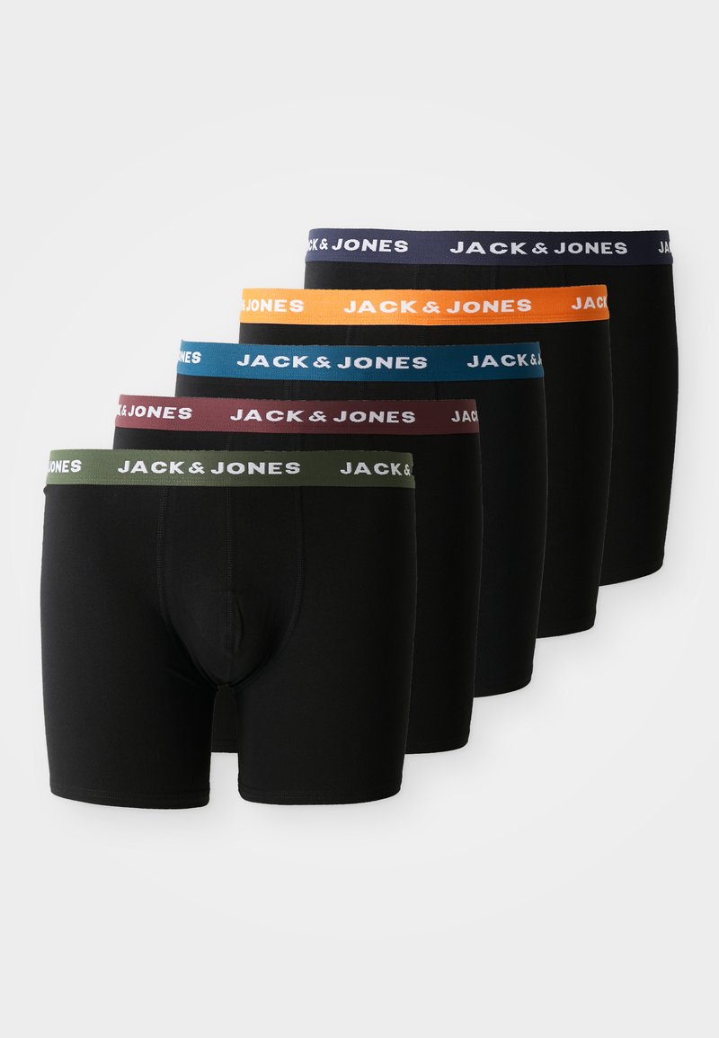 Fünf Paare schwarze Boxershorts mit farbigen Gummibändern in Grün, Burgunderrot, Blau, Orange und Marineblau, jeweils mit dem Branding "JACK & JONES."