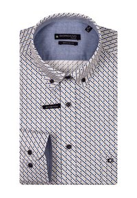 Chemise blanche à manches longues avec un motif en losanges bleus, dotée d'un col intérieur contrasté en texture denim et d'une étiquette "stretch". Coupe régulière.