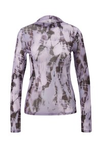 Top met lange mouwen in lichtpaars met een abstract patroon; gemaakt van lichtgewicht, halfdoorzichtige stof; ronde halslijn en nauwsluitend model.