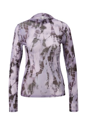 Bluzka z długim rękawem w jasno-fioletowym kolorze z abstrakcyjnym wzorem; wykonana z lekkiego, półprzezroczystego materiału; z okrągłym dekoltem i dopasowanym krojem.