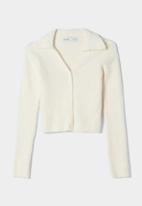 Trimmad krämfärgad cardigan av mjukt, texturerat tyg med knäppning fram, bred krage och långa ärmar.