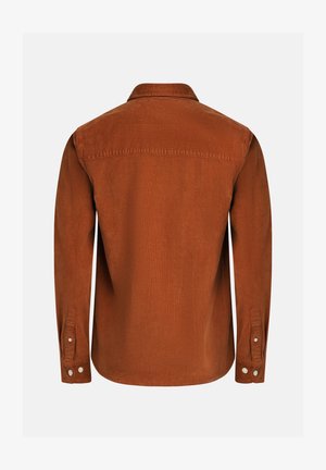 Bruine corduroy overhemd met lange mouwen, een kraag en knoopsluiting aan de manchetten. De stof heeft een zachte textuur met een geribbeld patroon.
