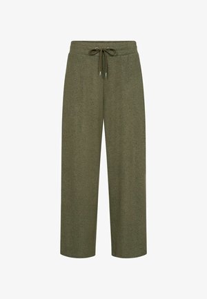 Pantaloni a gamba larga verde oliva realizzati in materiale morbido, con vita regolabile e un delicato motivo testurizzato in tutto il capo.