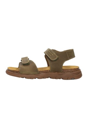 Olive green open-toe sandal with adjustable straps, cork footbed, and thick brown rubber sole.