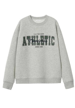 Sweat-shirt gris clair à col rond avec poignets et ourlet côtelés, avec les mots "ATHLETIC" et "Championship" imprimés en vert et noir sur le devant.