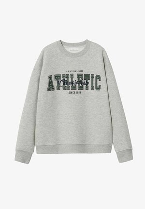 Sweat-shirt gris clair à col rond avec poignets et ourlet côtelés, avec les mots "ATHLETIC" et "Championship" imprimés en vert et noir sur le devant.