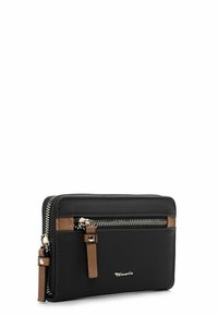 Black wallet with brown accents, featuring a silver zip closure, a second zip pocket, and a smooth texture with a branded logo.