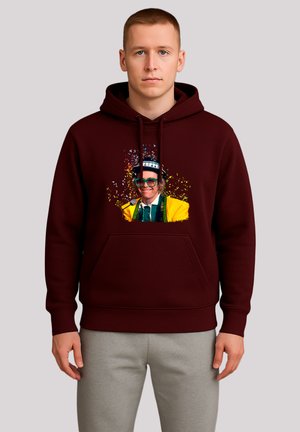 Maroon hoodie with a front kangaroo pocket featuring a colorful graphic print of a person in a yellow outfit and sunglasses. Soft texture.
