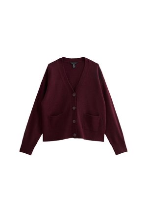 Cardigan bordeaux realizzato in tessuto morbido, con scollo a V, chiusura con bottoni, due tasche frontali e maniche lunghe. Finitura testurizzata.