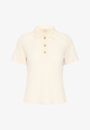 Krēmas krāsas īsām piedurknēm teksturēta polo krekls ar ribotu rakstu un trim dekoratīvām zelta pogām uz apkakles.