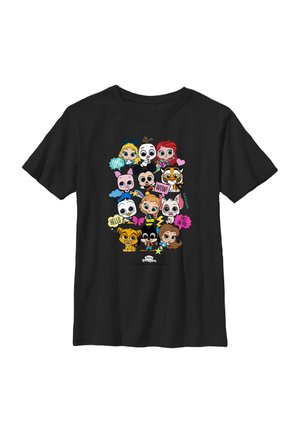 Sort t-shirt med farverige tegneserie Disney-figurer arrangeret i fire rækker med talebobler med sætninger som "OMG," "WOW," og "HELLO."