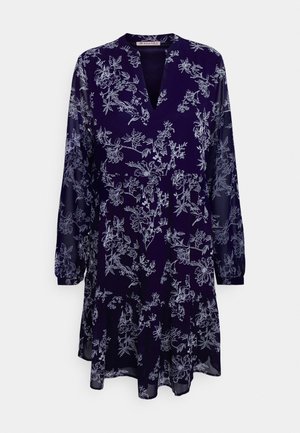 Marineblaues Blumenkleid mit langen, durchsichtigen Ärmeln, V-Ausschnitt und aufwendigen weißen Blumenmustern. Hergestellt aus leichtem, fließendem Stoff.
