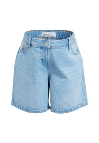 Hele sinised teksast Bermuda lühikesed püksid sirge lõikega, vöö nupuga, viie taskuga ja nähtava õmblusega. Pehme tekstuur, põlvikuni disain.