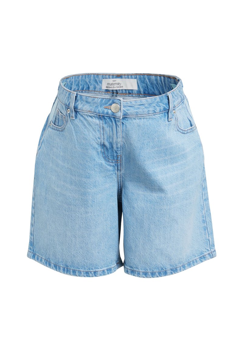 Hele sinised teksast Bermuda lühikesed püksid sirge lõikega, vöö nupuga, viie taskuga ja nähtava õmblusega. Pehme tekstuur, põlvikuni disain.