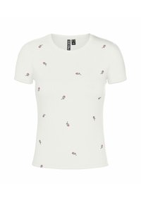 T-shirt blanc à manches courtes en tissu côtelé, arborant des petites broderies de boutons de rose pink éparpillées sur le tissu.