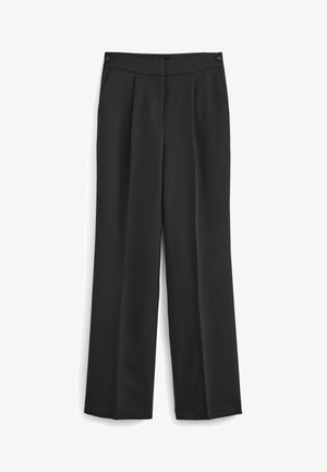 Pantaloni negri cu picioare largi, cu o textură netedă, având un fațadă plată, două buzunare laterale și un închizător cu nasture la talie.