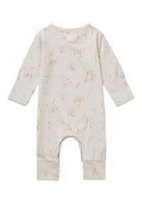 Bodysuit pour bébé beige à manches longues, avec un motif floral en brun clair. Comprend une fermeture à pression en bas pour un habillage facile.