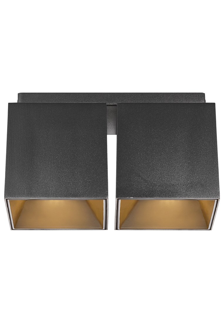 Aplique de pared de metal negro con dos pantallas cuadradas, interior dorado y acabado texturizado, montado sobre una base rectangular.