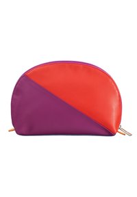 Bustina con zip realizzata in pelle morbida, caratterizzata da un design audace con colori arancio e viola in un motivo diagonale. Forma arrotondata.