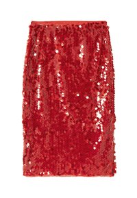 Jupe rouge à sequins avec une coupe ajustée, dotée d'une ceinture lisse et d'une texture brillante scintillante sur toute la surface.