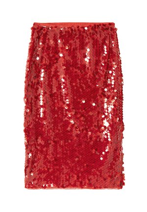Jupe rouge à sequins avec une coupe ajustée, dotée d'une ceinture lisse et d'une texture brillante scintillante sur toute la surface.