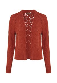 Kopparfärgad stickad cardigan med ribbad nederkant och ärmslut, som har en öppenvävsdesign på framsidan och baksidan, vilket ger en strukturerad yta.