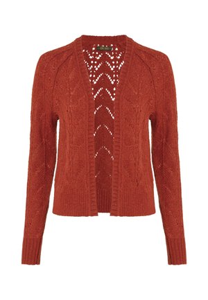 Rust-colored knitted cardigan with a ribbed hem and cuffs, featuring openwork patterning on the front and back, creating a textured finish.