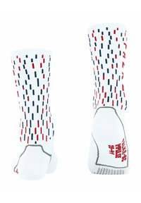 Calzini sportivi bianchi con un motivo verticale di linee rosse e blu navy. Presentano cuciture grigie di accento e suole texturizzate per una migliore aderenza.