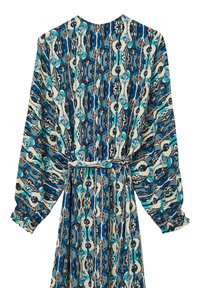 Langärmliges Kleid mit einem abstrakten Muster in Blau, Grün und Creme, tailliert und mit gerafften Ärmelbündchen. Leichtes Material.