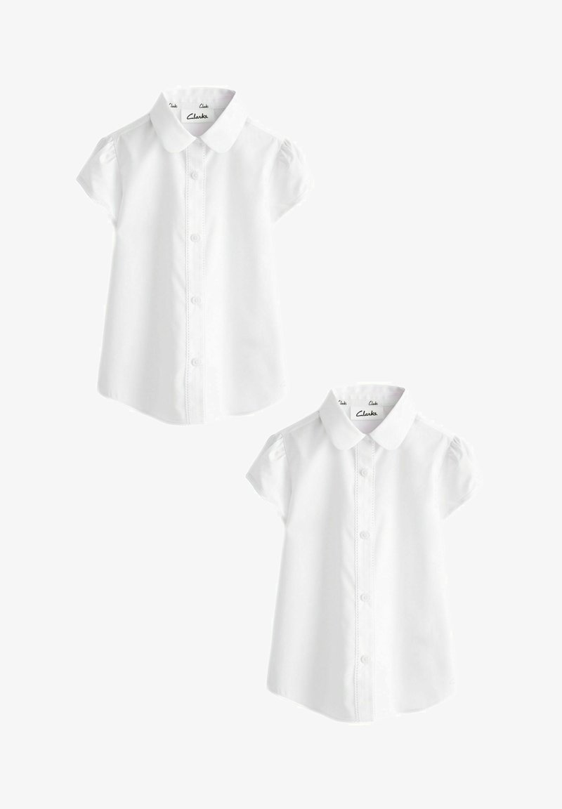 White short-sleeve button-up shirt with a collar and puffed sleeves, featuring a straight hem and subtle stitching detail down the front.