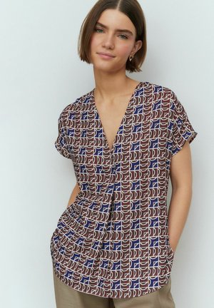 REGULAR FIT - SLEEVE OVERHEAD V-NECK - Blouse - navy brown geo print
