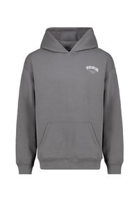 Grauer Kapuzenpullover mit einer Fronttasche, einer Kordelzugkapuze und einem kleinen weißen Logo auf der Brust. Hergestellt aus weichem, strukturiertem Stoff.