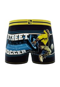 Boxers noirs avec un imprimé graphique d'un joueur de football portant un sweat à capuche jaune, avec un texte bleu et blanc indiquant "STREET SOCCER". Ceinture jaune.