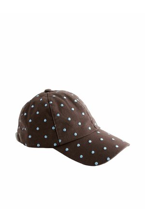 Casquette de baseball marron avec des pois bleu clair et une sangle ajustable à l'arrière, présentée sur fond blanc.