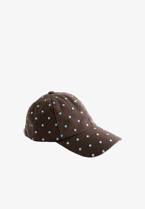Braune Baseballkappe mit hellblauen Punkten und verstellbarem Riemen hinten, dargestellt auf weißem Hintergrund.