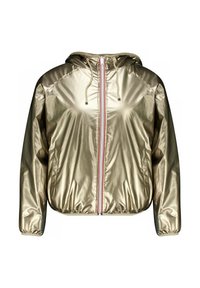 Veste à capuche en or métallique avec une fermeture éclair à l'avant, une capuche à cordon de serrage et des poignets élastiques. Présente des rayures d'accent rouge et blanc le long de la fermeture éclair.