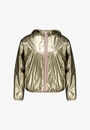 Metallic gold hooded jacket with a front zipper, drawstring hood, and elastic cuffs. Features red and white accent stripes along the zipper.
