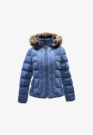 Blue padded jacket with a zip front, two side pockets, and a faux fur-lined hood. Textured, quilted design with vertical stitching details.