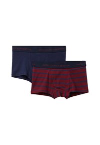 Dvoje pánských boxerek, jedny v jednolité tmavě modré barvě a jedny v burgundské barvě se tmavě modrými pruhy, obě s nápisem "United Colors of Benetton" na pásku.