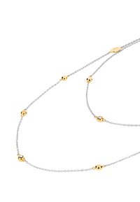 Zilveren ketting met gouden bolaccenten en een enkele kristaldetail. Lichtgewicht ontwerp met een gepolijste afwerking.