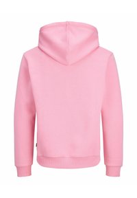 Felpa con cappuccio rosa con una texture liscia, tasca a marsupio frontale, polsini e orlo a coste. Presenta un cappuccio con coulisse e un design a tinta unita.