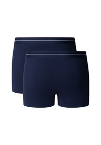 Twee donkerblauwe herenboxershorts met een dunne witte streep langs de elastische tailleband, van achteren weergegeven.